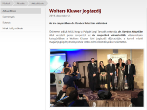 Kovács Krisztián a PPKE-JÁK honlapján a Wolters Kluwer Jogászdíjon